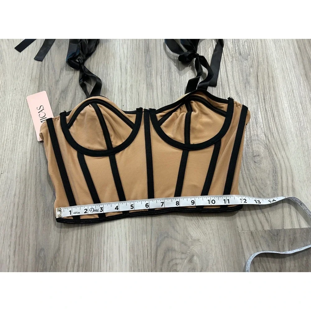 Micas Womens Contrast sexy Boning Mesh Corset Top M Tan Black Ribbon Straps